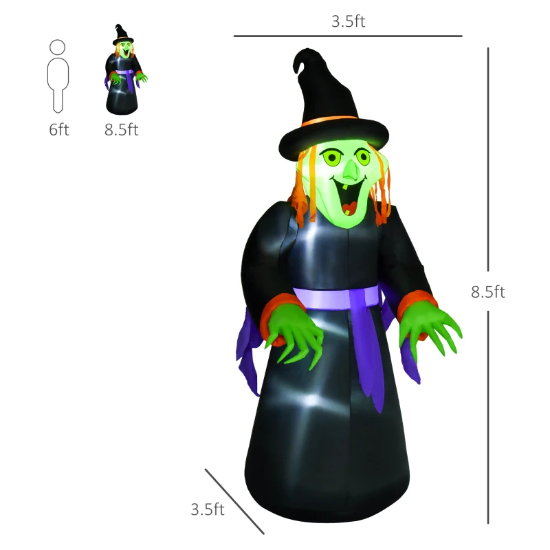 HOMCOM 8.3ft Halloween Inflatable Witch, LED Lighted for Home Indoor Outdoor Garden Lawn Decoration Party Prop, Black