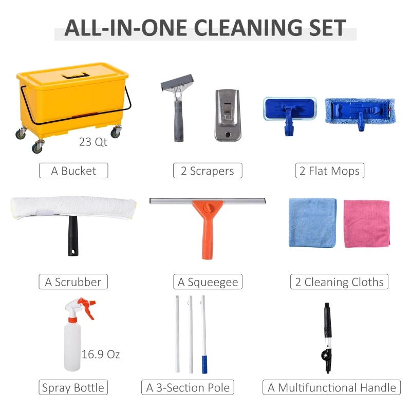 HOMCOM Cleaning Tool Set with Microfiber Mop Pads, Bucket, Squeegee, Scrubber, Scrapers, Spray Bottle for Floor, Glass Door, Window, Car Windshield, Multi-Color