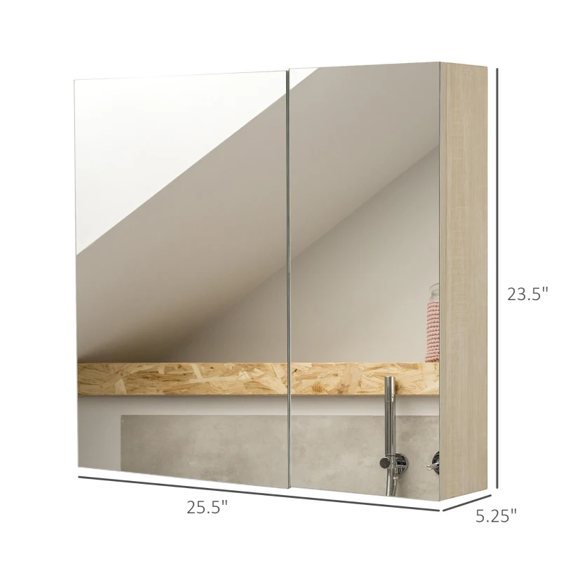 Kleankin 26" x 24" Wall Mounted Wood Durable Bathroom Mirror Cabinet Medicine Cabinet with Door Adjustable Shelves - Oak