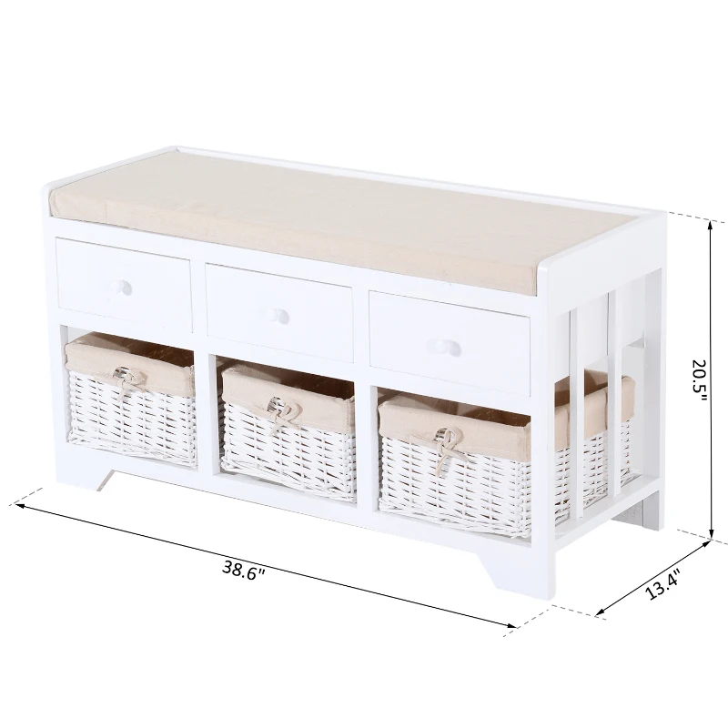 HOMCOM 3-Cube Wood Storage Bench w/ Cushion Entryway Organizer Seat with Wicker Basket and Drawer White