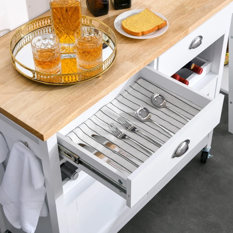 HOMCOM Rolling Kitchen Island Cart, Trolley Cart with Wine Rack, Rubberwood Top, Drawer and Hook, White