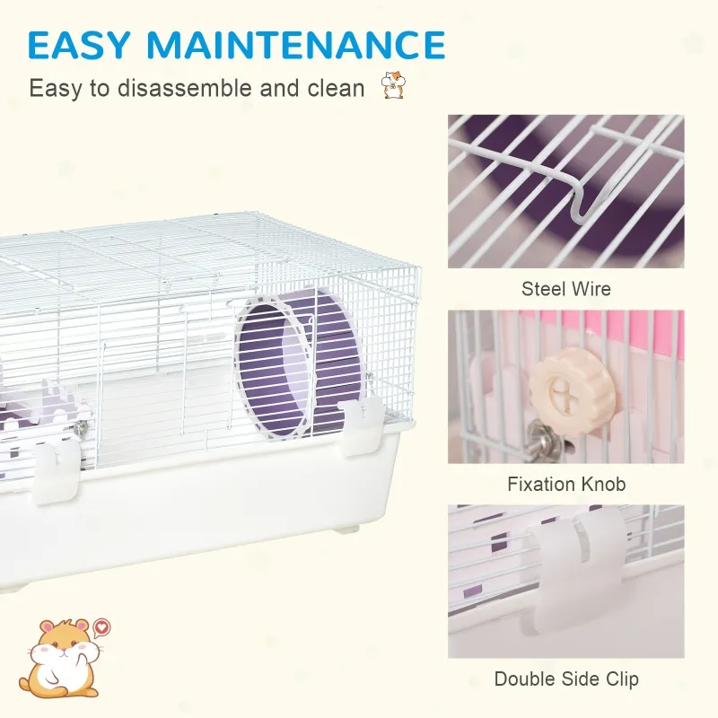 PawHut 2 Tier Hamster Cage Gerbil Rodent House Small Animal Habitat with Water Bottle, Exercise Wheel, Ladder, Hut, White