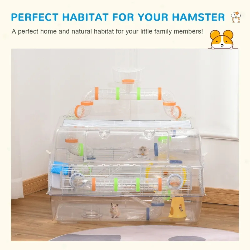 PawHut Transparent Gerbil Kennel for Travel, Comes with Exercise Wheel to Promote Play