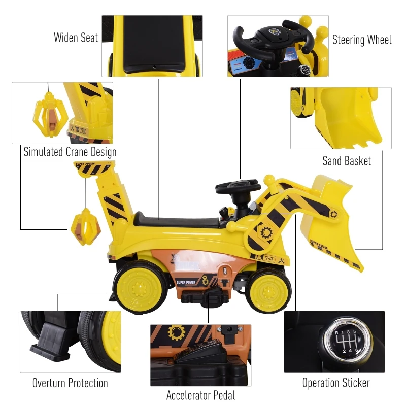 Aosom 6V Electric Bulldozer Ride-On Construction Excavator Toy Vehicle for Kids with Music, Lights, and Shovel