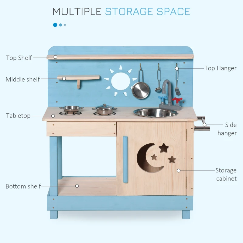 Outsunny Wooden Kids Kitchen with Pots and Pans, Storage Shelf Cabinet, Side Hanger, Sun, Moon, Star Pattern for 3+