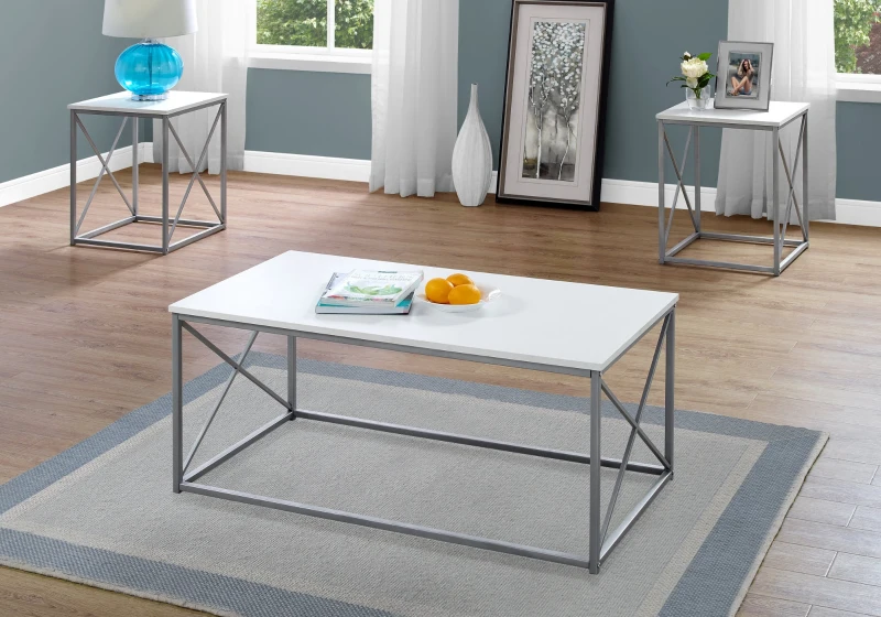 Monarch 3 Piece Modern Minimalist X Braced Laminate Top Coffee Table / Two Matching End Tables Set - White, Silver Metal