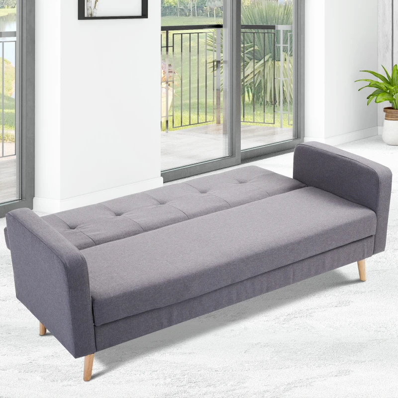 HOMCOM 2 In 1 Sofa Bed Compact 3 Seater Couch Convertible Dorm Lounge Sleeper Padded Linen Upholstery Grey