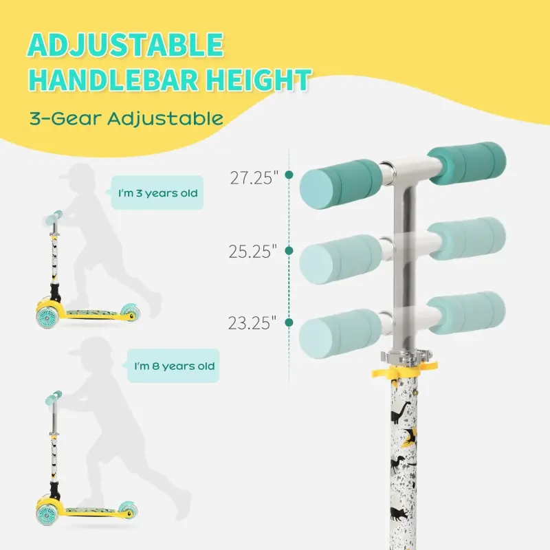 Aosom Kick Scooter for Kids, Foldable Children's Scooter with 3 Wheels, Adjustable Height, and Flashing LED for Boys and Girls, Yellow