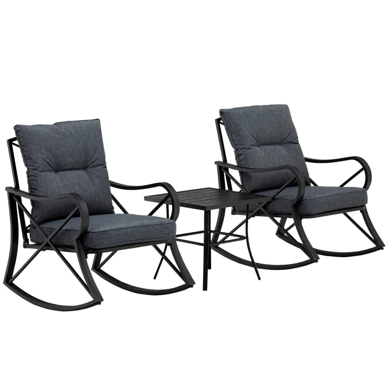 Outsunny 3-Piece Patio Bistro Set Outdoor Rocking Coffee Table Chair Set with Curved Base, Soft Cushions, Steel Frame, Black