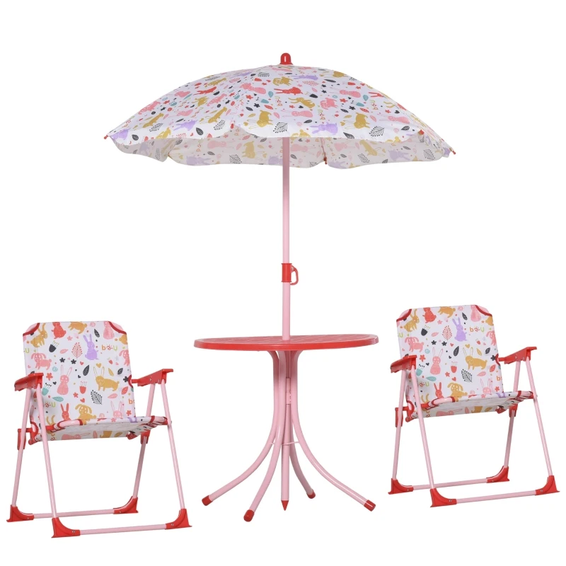 Outsunny Kids Folding Picnic Table and Chairs Set Rabbit Pattern for Outdoor Garden Patio Backyard with Removable & Height Adjustable Sun Umbrella, Red