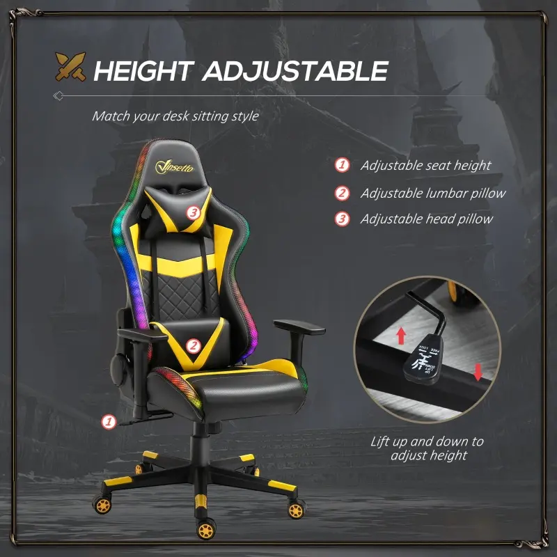 Vinsetto Racing Gaming Chair with RGB LED Lights, Adjustable Height, Gamer Office Chair, Computer Desk Chair, Black/Yellow