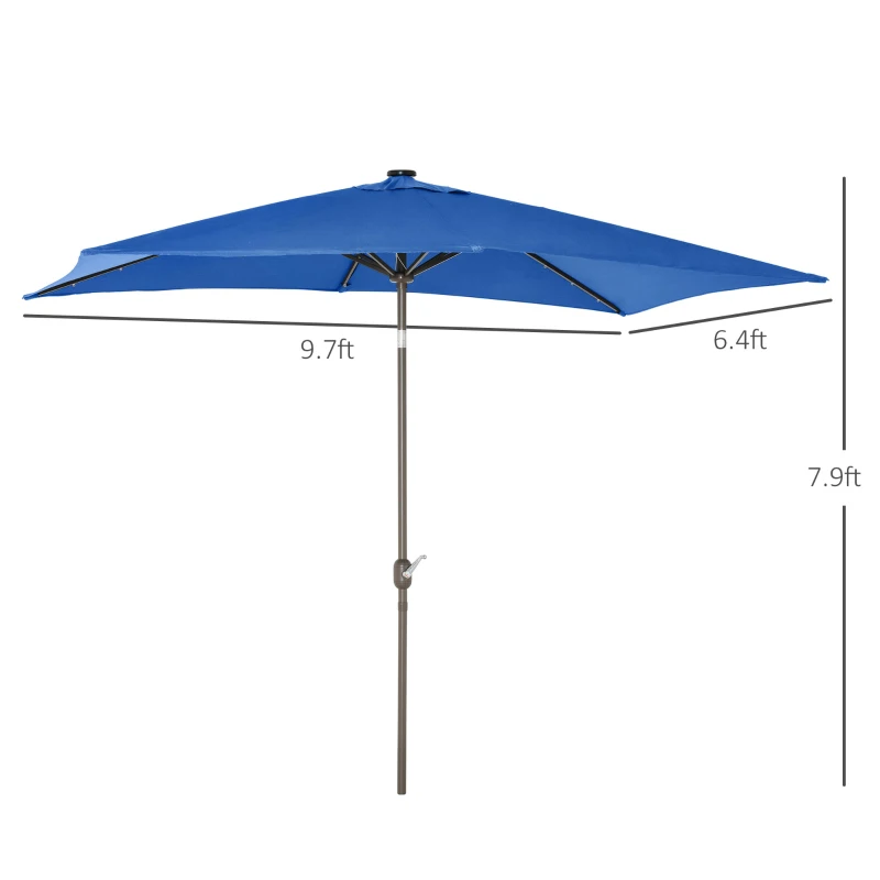 Outsunny 6.5x10ft Patio Umbrella Rectangle Solar Powered Tilt Aluminum Outdoor Market Parasol with LEDs Crank (Dark Blue)