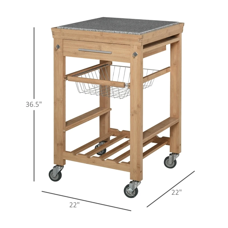 HOMCOM Bamboo Rolling Kitchen Island on Wheels Storage Cart with Granite Top, a Slide-Out Basket & Wine Storage Rack