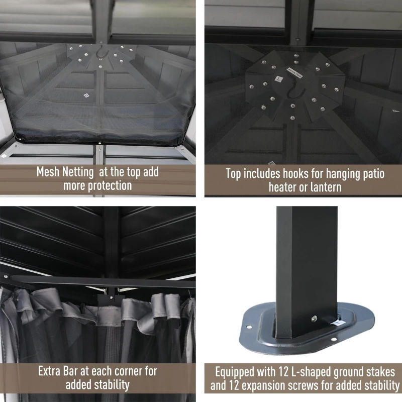 Outsunny 10' x 10' Steel Hardtop Gazebo Garden Sun Shelter with Mosquito Netting and Curtains Hanging Hook Aluminum Frame