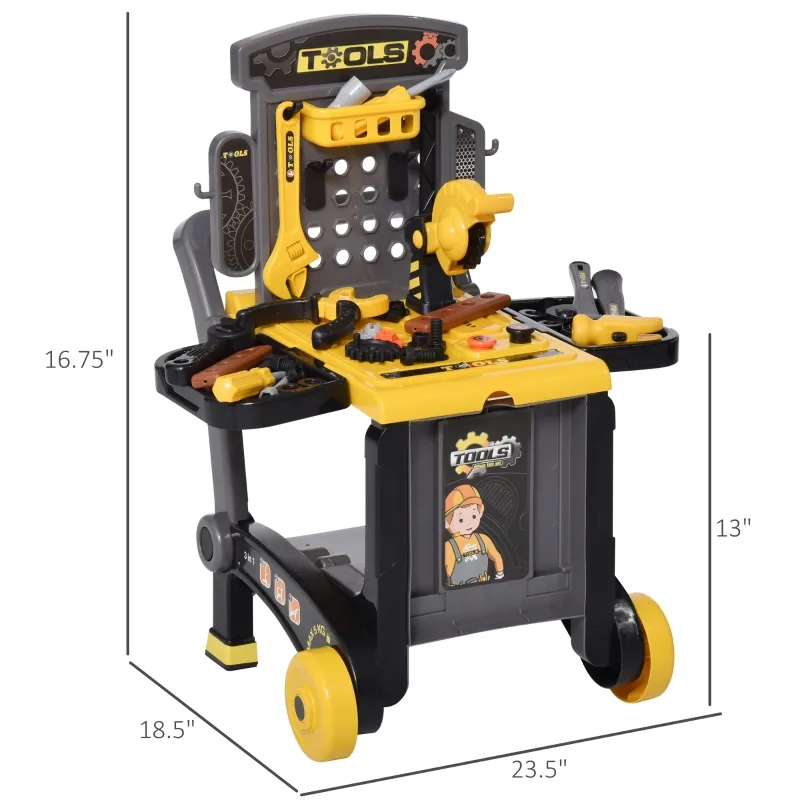 Qaba Workbench Set Pretend Play Toy with Realistic Tools 3-in-1 Design Suitcase Cart with 60 Pcs Accessories for Girls and Boys 3 to 6 Years Old Yellow