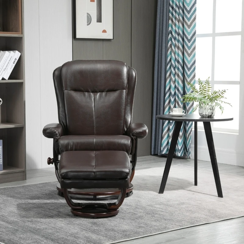 HOMCOM Swivel Recliner Chair Thick Padded with Storage Ottoman, Wrapped Wood Base & Faux Leather for Living Room, Bedroom, Office, Dark Brown
