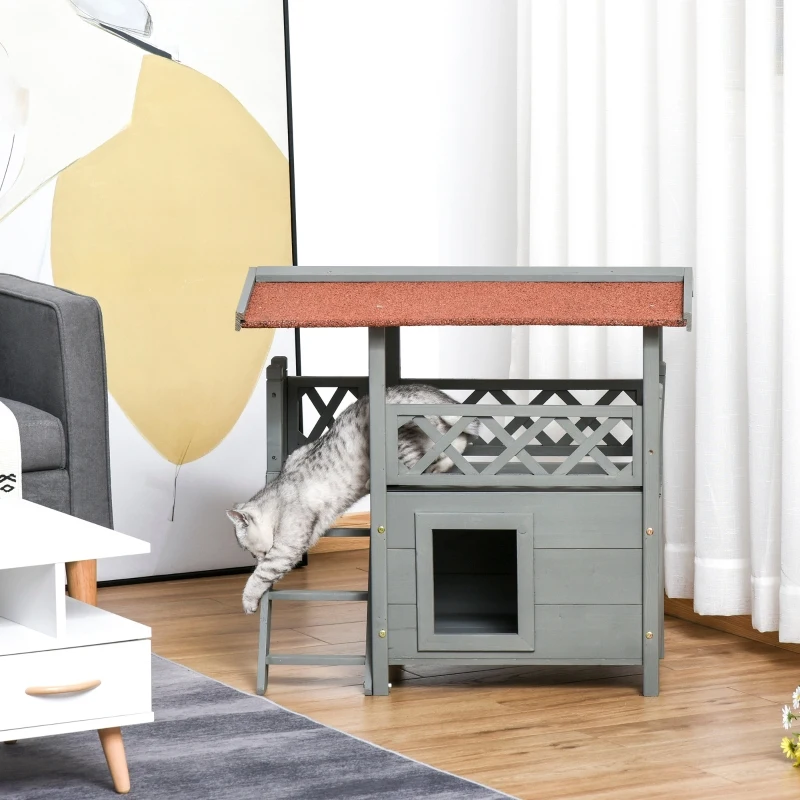 PawHut Wooden Cat House, 2-Floor Feral Cat Shelter, Kitten Condo Outdoor, Small Dog House with Balcony, Stairs, Asphalt Roof, Gray
