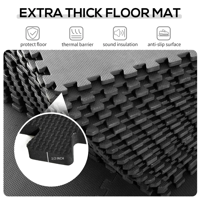 HOMCOM Soft Interlocking Floor Mats 216 Square Feet Waterproof Exercise Workout Mat Kid Play Mat Gymnastics and Home Gym Protective Flooring, 54pcs Black