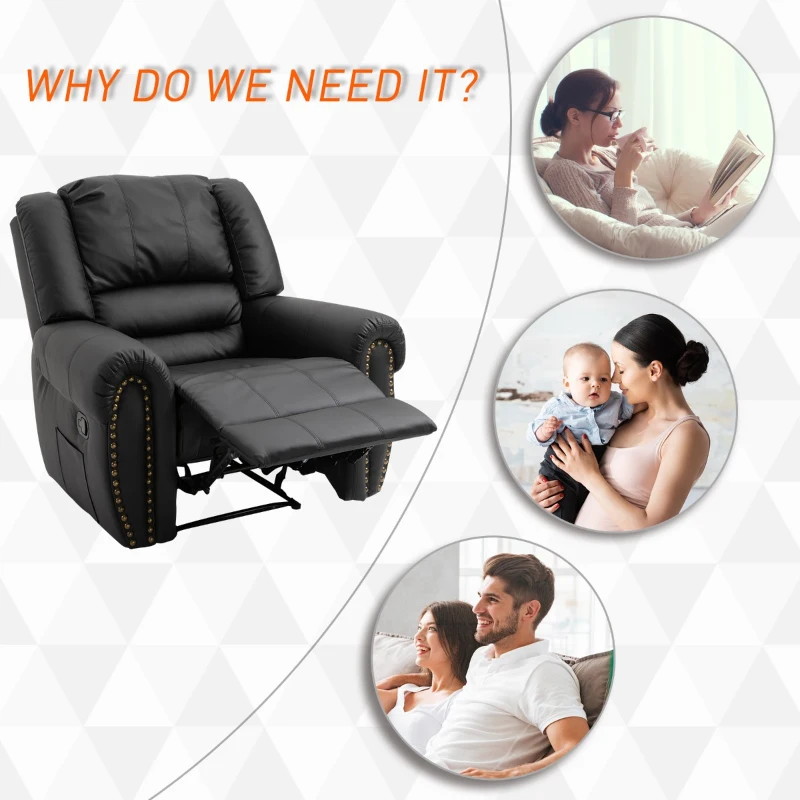 HOMCOM Recliner Chair Added Footrest Cushion Padded Seat Modern Nail Sofa PU Leather for Living Room Club Home Theater Seating, Black