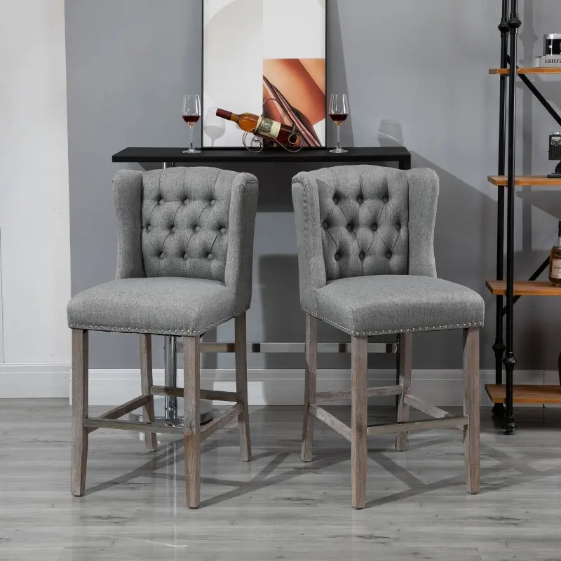 HOMCOM Counter Height Bar Stools Set of 2, Upholstered 26.75" Seat Height Barstools, Light Gray