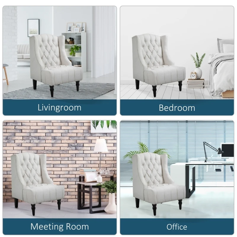 HOMCOM Linen Fabric Button Tufted Wingback Accent Chair with Thick Padded Cushioned Seats and Wooden Legs for Living Room and Bedroom, Beige