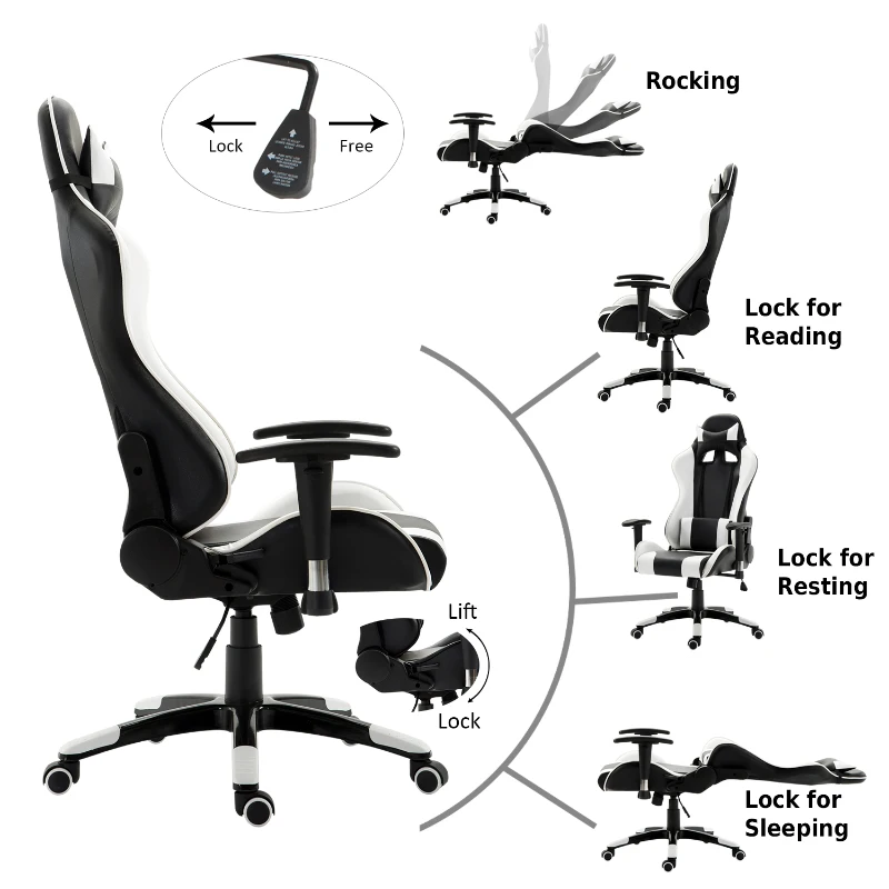 HOMCOM Executive Racecar Style Office Chair Gaming Recliner Swivel Adjustable PU Padded Home Office White