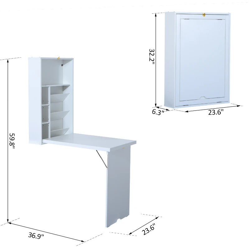 HOMCOM Wall Mounted Fold Out Convertible Desk Laptop Table with Storage Shelf White