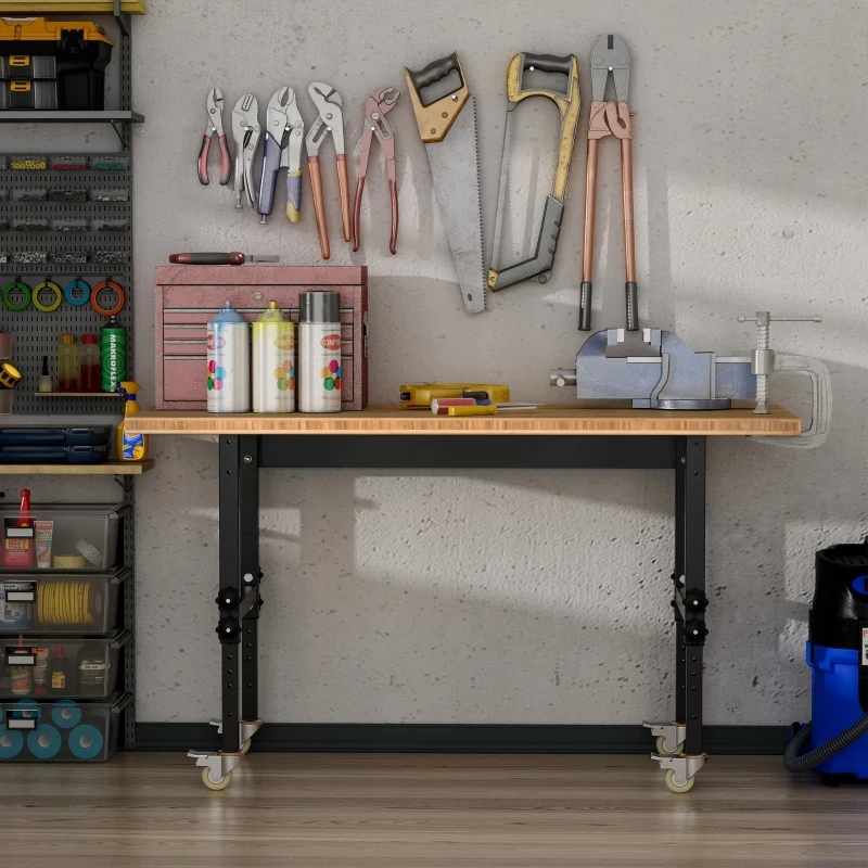 HOMCOM 59" Mobile Workbench - Large Bamboo Tabletop Project Station, Versatile & Durable, Ideal for DIY Enthusiasts & Craftsmen