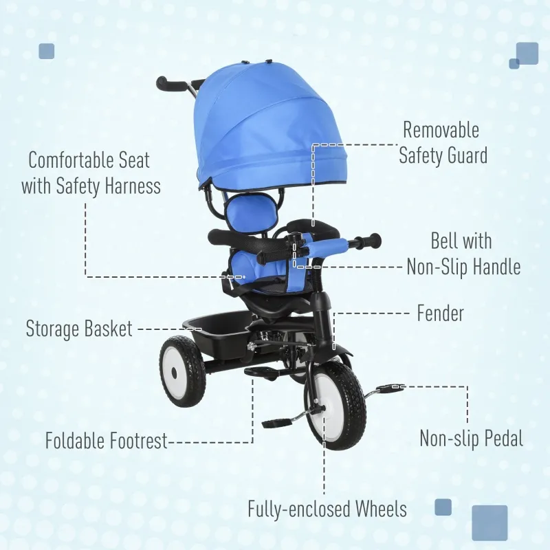 Qaba Baby Tricycle 2 In 1 Trike with Adjustable Canopy Detachable Guardrail Belt for Age 6-60 Months, Blue