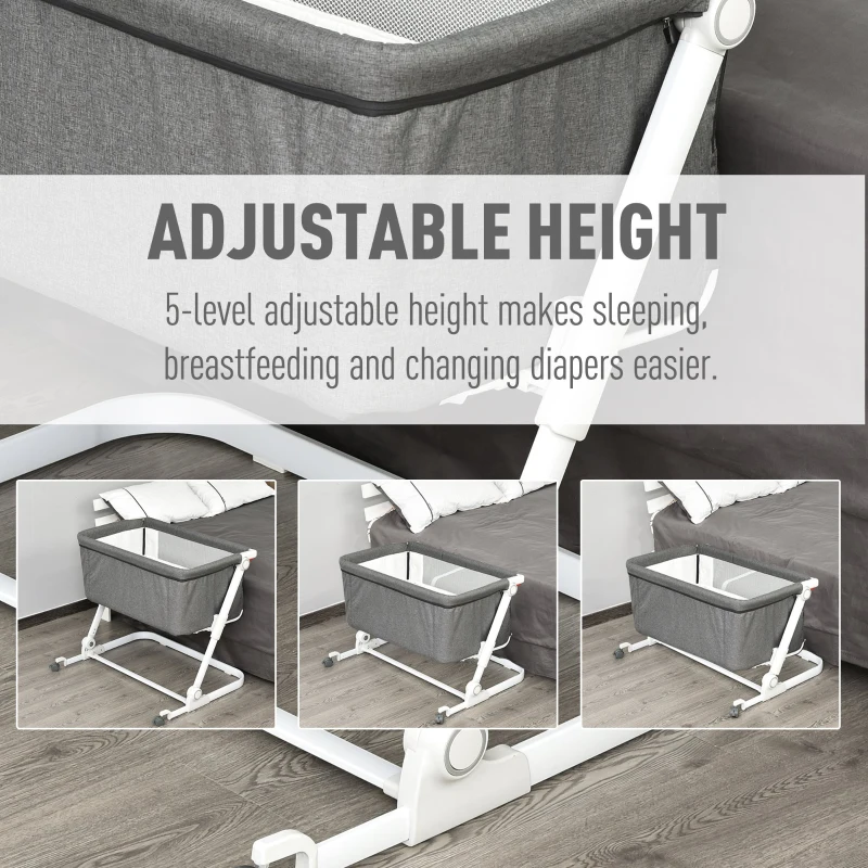 Qaba Baby Bassinet Bedside Sleeper Folding and Adjustable Baby Crib Diaper Changer Nursery Bed for 0-5 Months Infants with Wheels & 5 Height Levels, Dark Grey