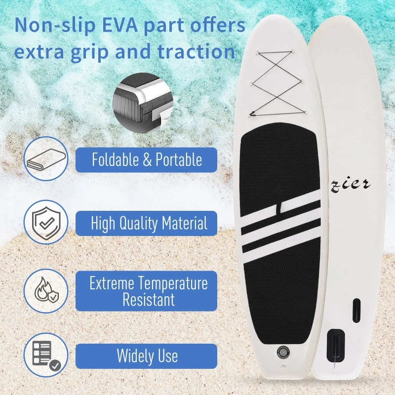 Soozier 10' x 32" x 6" Inflatable Stand Up Paddle Board with ISUP Accessories, Carry Bag, Non-Slip Deck, Adj Paddle, Pump, Leash for Adults Kids, Black and White