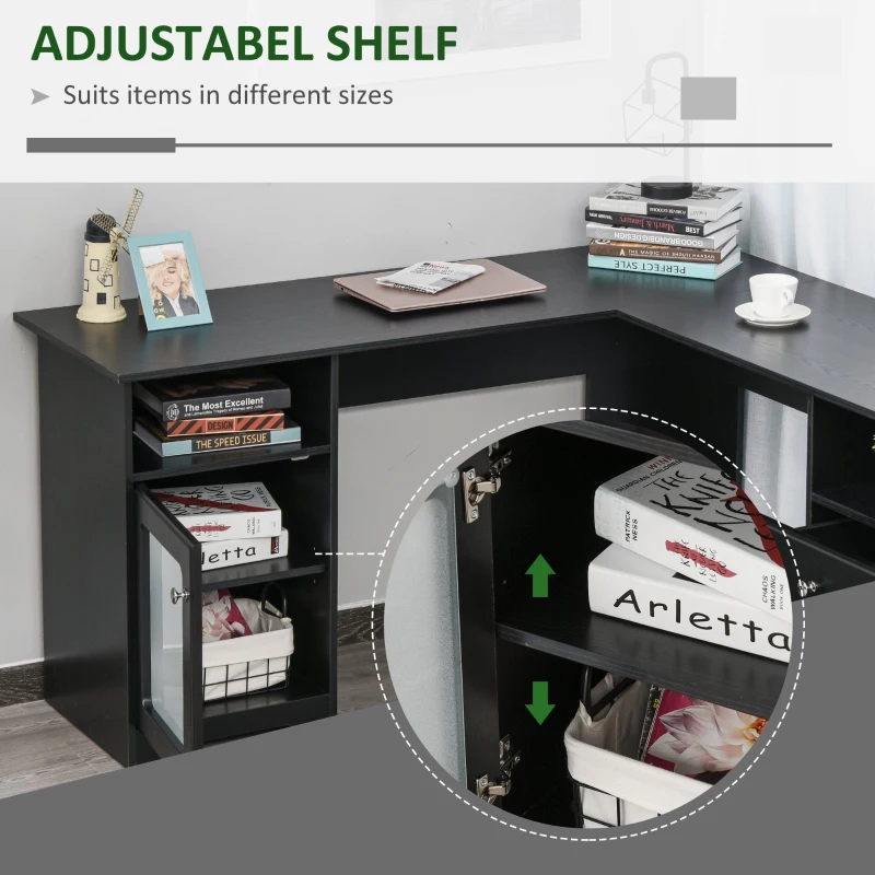 HOMCOM L-Shaped Corner Computer Desk PC Workstation Student Writing Table with Storage Shelf & Drawers, Black