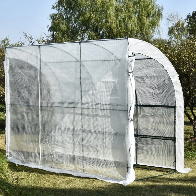Outsunny 10' x 5' x 7' Lean to Greenhouse, Walk-In Wall Green House Plant Nursery with 2 Roll-up Doors and Window, PE Cover and 3 Wire Shelves, White