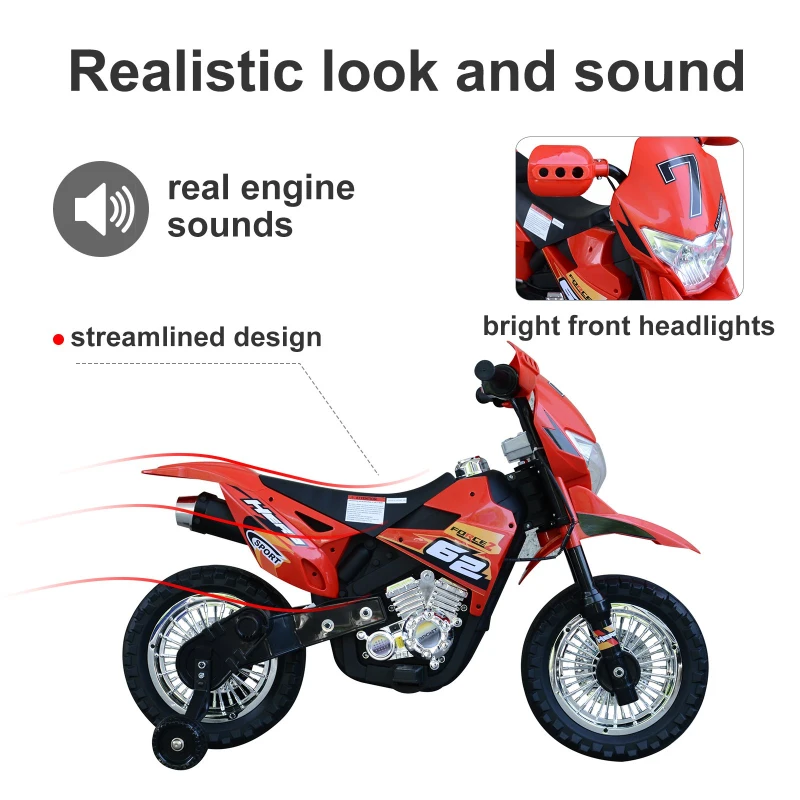 Aosom Cruising Kids Dirt Bike Electric Motorcycle with Charging 6V Battery, Real Driving Sounds, Built-In Music, Red