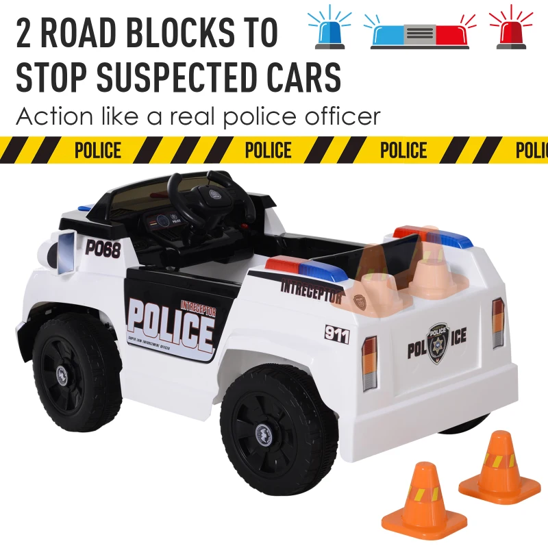 Aosom Kids Ride-On Police Car 6V with Remote Control  Safety Belt White