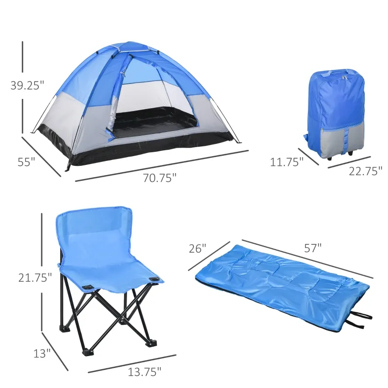 Outsunny 2 Kids Pop Up Camping Tents, Playhouse for Boys Girls with Chairs, Sleeping Bags, Flashlights, Trolley Case, Adventure, Outdoor