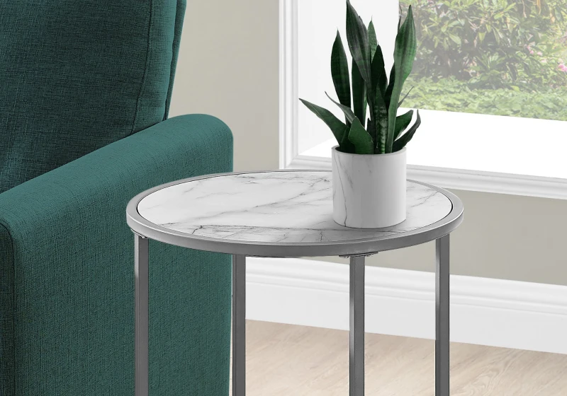 Monarch 24" Round Metal Accent Table with Marble-Look Top - White / Silver Metal