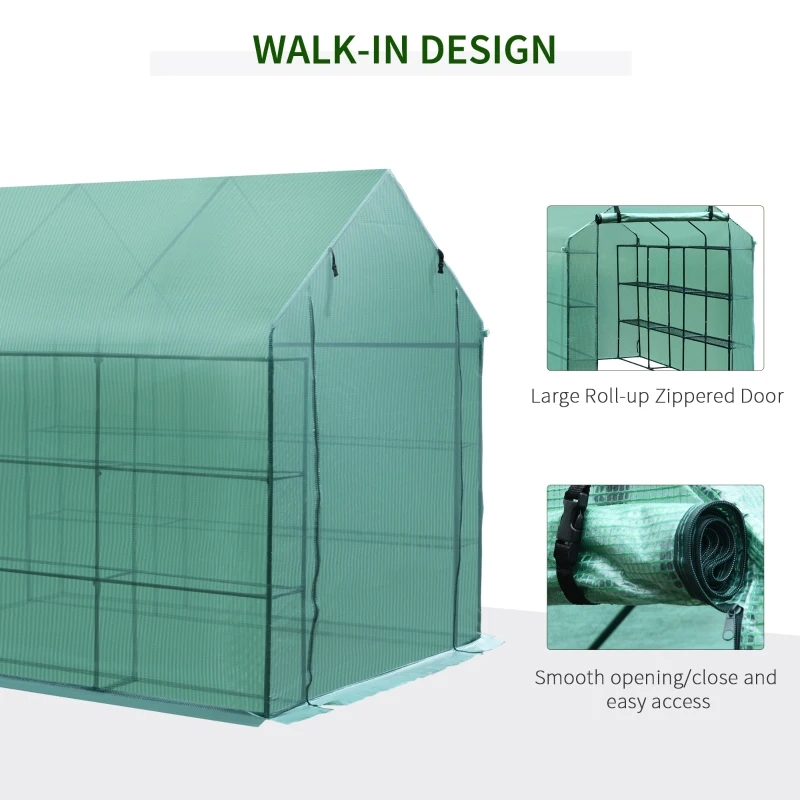 Outsunny Walk-in Greenhouse Plant Garden Hot House with 3 Tiers 18 Shelves, Roll-Up Zipper Door, Growing Shelter for Flowers, 8' x 6' x 7', Green