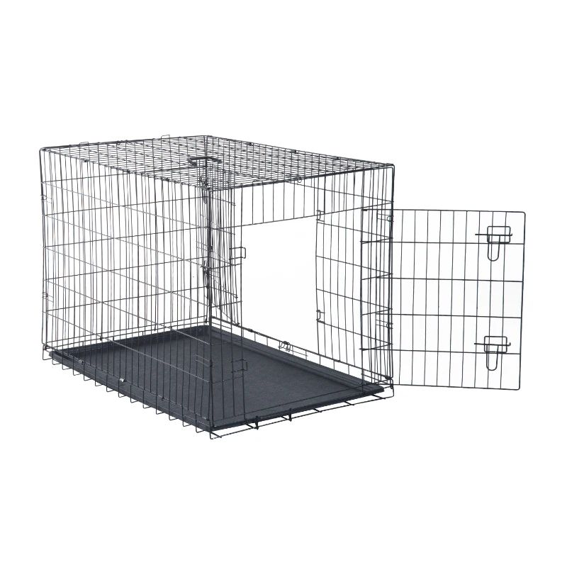 PawHut 42"x28"x30" Double Door Folding Metal Dog Crate Pet Cage Exercise Kennel Puppy House Playpen w/Plastic Tray