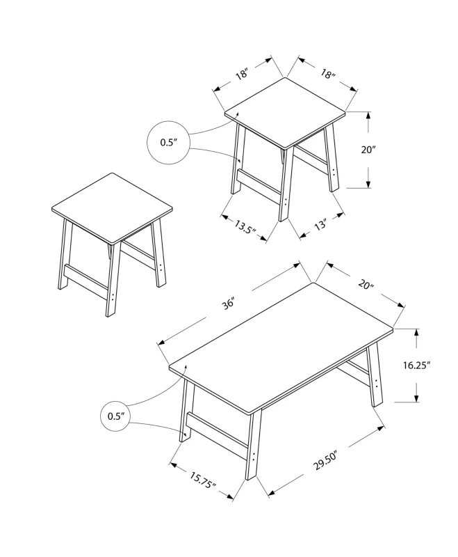 Monarch 3 Piece Modern Minimalist Wood-Look Coffee Table / Two Matching End Tables Set - Grey