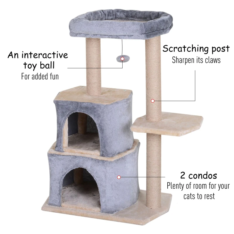PawHut Multi-Level Cat Tree with Sisal-Covered Scratching Posts Large Perch Grey