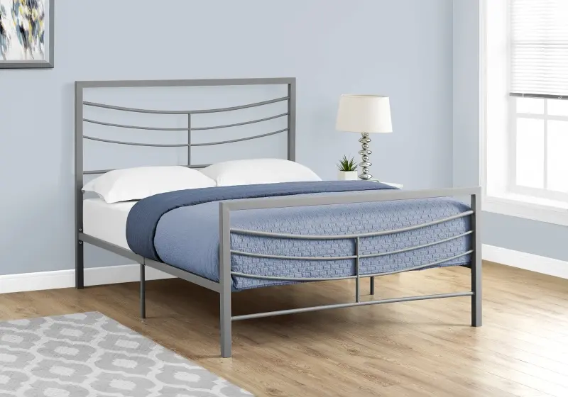 Monarch 56" Contemporary Curved Horizontal Slat Metal Bed Frame - Full Size - Silver Finish
