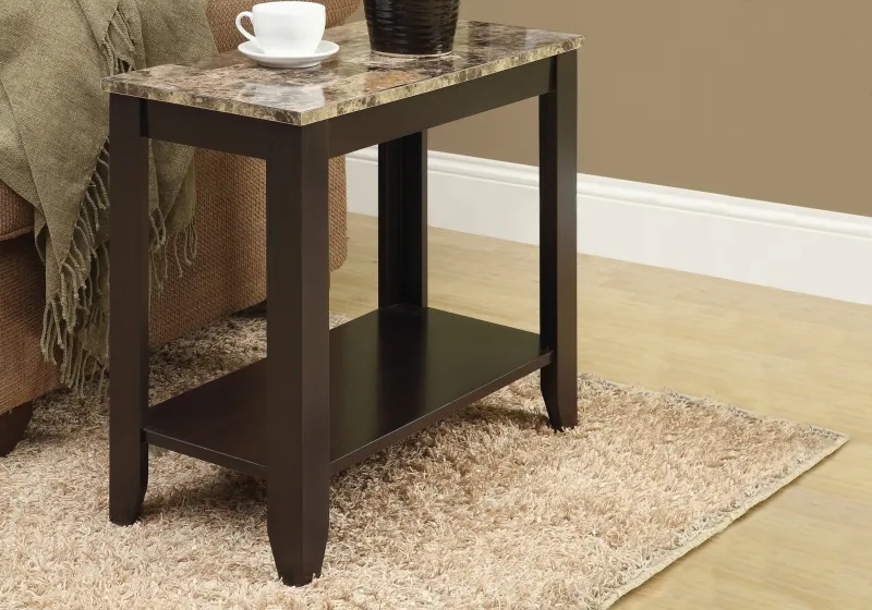 Monarch 22" Transitional Style Rectangular Marble-Look Top Wood Grain-Look Legs 2-Tier Side Accent End Table - Cappuccino Brown Finish