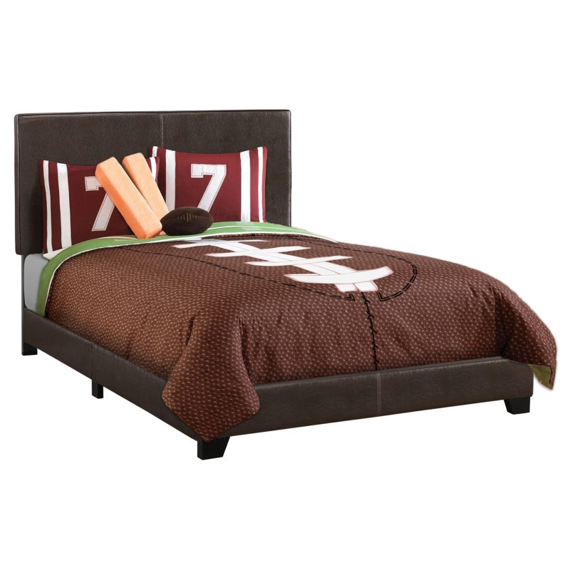 Monarch Full Size Contemporary Upholstered Bed Frame with Wood Legs - Dark Brown Leather Look