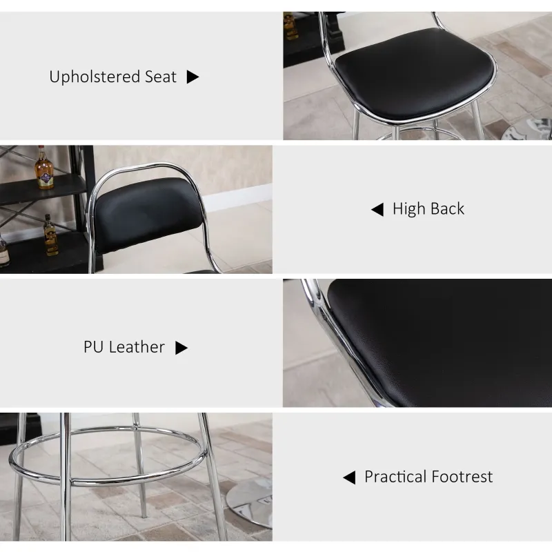 HOMCOM Height Bar Stools Set of 2, Classic PU Leather Bar Chairs for Counter Kitchen with Backrest and Footrest, Black