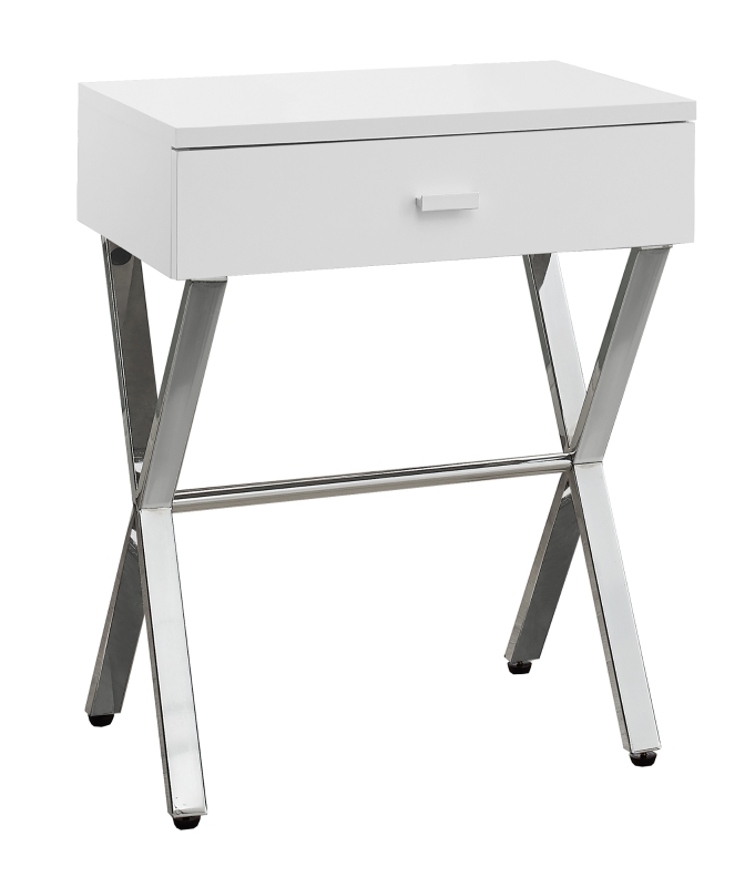 Monarch 22" Modern Storage Drawer Chrome Metal X-Frame Accent Nightstand Side End Table - Glossy White Finish