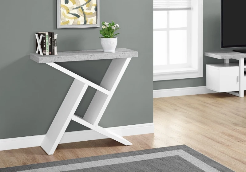 Monarch 36" Architectural Modern Cement-Look Top Angular Storage Base Accent Console Table - White Finish
