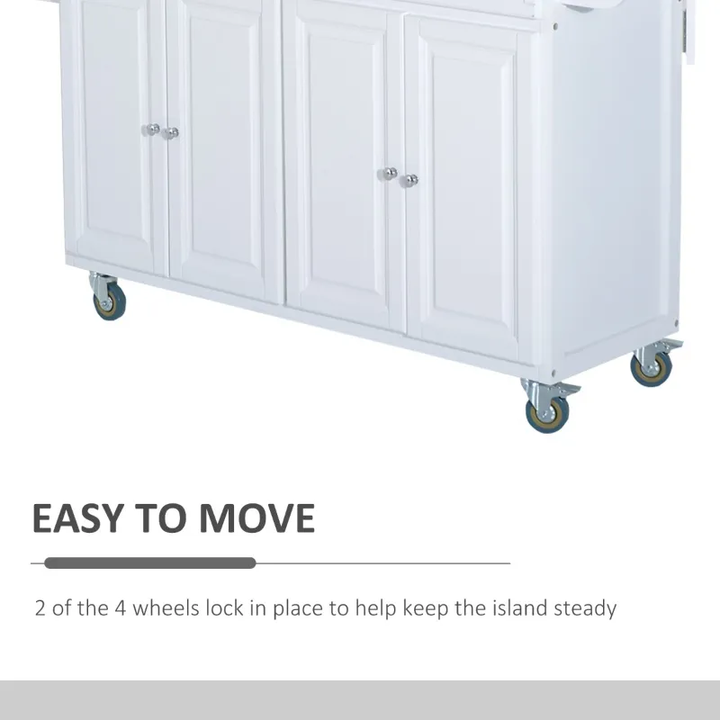 HOMCOM Rolling Kitchen Island on Wheels Ultility Cart with Drop-Leaf and Rubber Wood Countertop, Storage Drawer, Door Cabinet, White