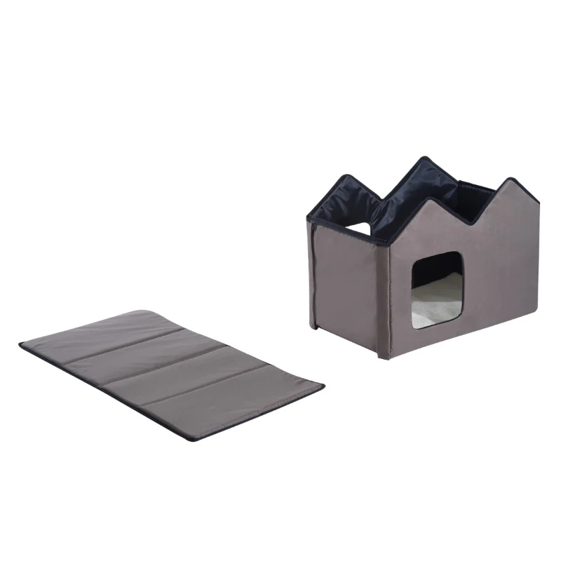 PawHut Double Heated Cat House Portable Indoor/Outdoor Kitty Shelter for Ferral Cat in Winter, Brown