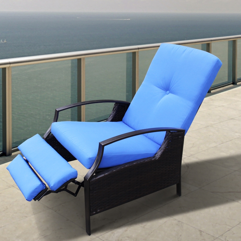 Outsunny Rattan Adjustable Recliner Chair with Hand-Woven All-Weather Wicker for Patio, Outdoor, Garden, Poolside, Blue
